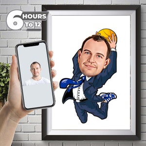 Könnte beinhalten: Eine Cartoon-Karikatur einer Person in einem blauen Anzug und einer blauen Krawatte, die einen gelben Basketball hält. Die Person springt mit einem breiten Lächeln im Gesicht in die Luft.