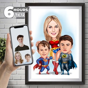 Benutzerdefinierte Superhelden-Familie, Cartoon-Porträt, Karikatur von Mutter und Söhnen, Superheld-Karikatur Karikatur vom Foto, Familienporträt, Familiengeschenk