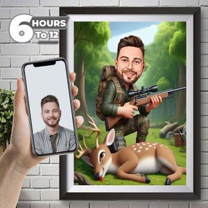 Portrait personnalisé de dessin animé de chasseur, portrait de chasseur, cadeau pour chasseur, caricature de chasseur, cadeau unique de chasseur, caricature de chasseur à partir d'une photo.