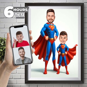 Retrato personalizado de dibujos animados de súper papá e hijo, retrato de súper papá, regalo de papá, caricatura de súper papá, caricatura de superhéroe, caricatura de foto