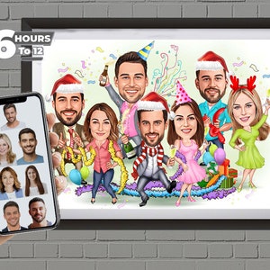 Tarjeta de caricatura navideña personalizada de la empresa a partir de fotos, tarjetas navideñas corporativas, tarjeta navideña, empresa de oficina comercial