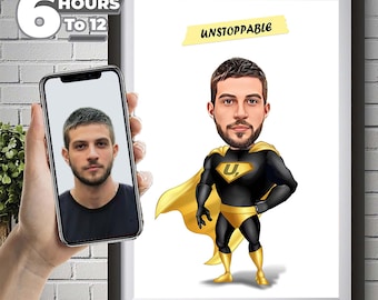 Caricatura de superhéroe personalizada, retrato de dibujos animados a medida (digital)
