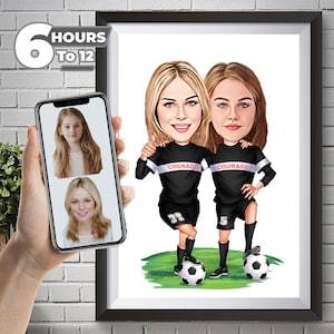 Retrato personalizado de desenho animado de jogadoras de futebol feminino, desenho engraçado de desenho animado de jogador de futebol, desenho de caricatura de jogador de futebol feminino da foto.
