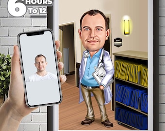 Custom Male Doctor Caricature, Cartoon Portrait Gift (Digital Download)