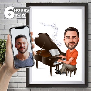 Custom Piano  Caricature: Personalized Piano  Portrait Illustration, Bespoke Music Art, Unique Gift for Him, Custom Cartoon