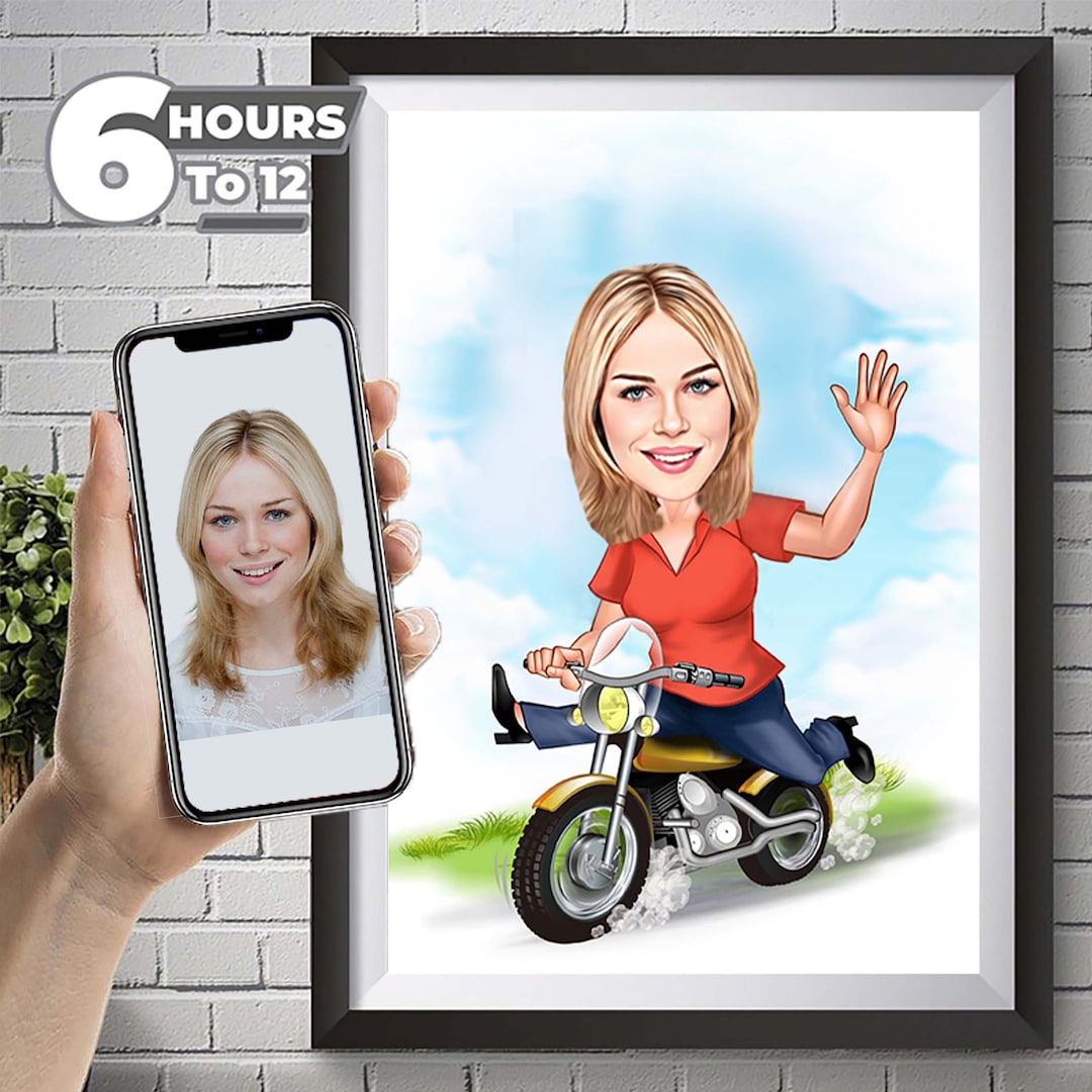 Personalized Biker Caricature, Woman Biker Cartoon Drawing, Woman Biker ...