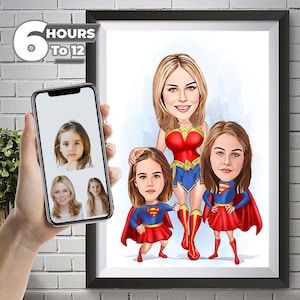 Super famiglia personalizzata, ritratto di cartone animato, super ritratto, regalo di famiglia, caricatura di super famiglia, caricatura di supereroe, cartone animato di Capitan America.