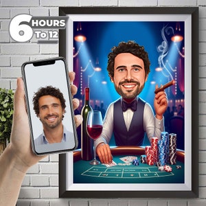Benutzerdefinierte Poker Cartoon Portrait, Poker Karikatur, Geschenk für männlichen Pokerspieler, lustiger Pokerspieler, Karikatur vom Foto, personalisierter Poker.