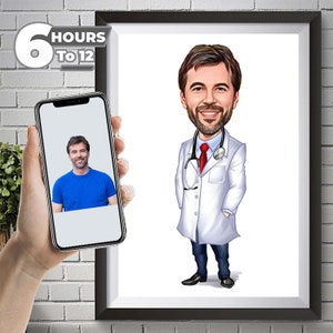Custom Male Doctor Caricature Portrait, Doctor Caricature from Photo, Doctor Wall Art, Gift for Doctor, Medical Caricature, Gift for Him.