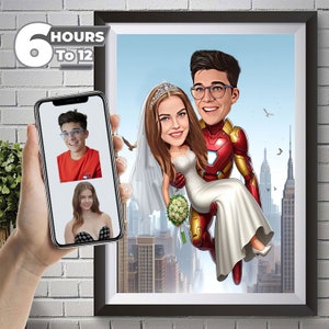 Superhéroe Pareja Caricatura Dibujo de dibujos animados de foto Superhéroe Personaje Iron Man Gato Mujer Regalo para la familia Bocetos dibujados a mano Superman