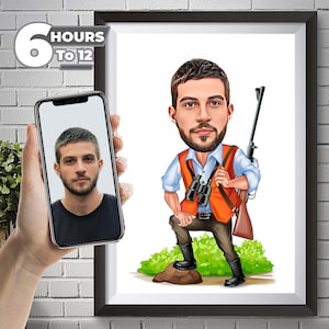 Personalized Hunter Cartoon Portrait, Custom Hunter Caricature Drawing from Photo, Funny Hunter Caricature, Gift for Hunter.