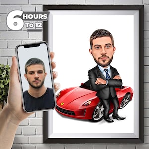 Custom Business Man with Luxury Car Caricature, Personalized Executive Portrait Gift for Him. Success Celebration, Luxury Lifestyle Art.