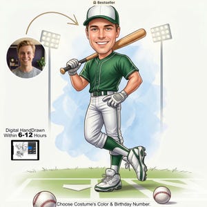 May include: Digital illustration of a baseball player in a green and white uniform, holding a bat. The image includes the text "Digital Hand Drawn Within 6-12 Hours" and "Choose Costume's Color & Birthday Number."