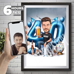 Caricature personnalisée : anniversaire d'un homme de 40 ans, homme d'affaires léger en blanc, thème du cadeau avec des touches de bleu, oeuvre d'art personnalisée unique