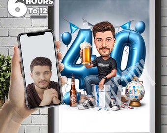 Kundenspezifische Karikatur: Geburtstag des 40-jährigen Mannes, leichter Geschäftsmann in Weiß, Geschenkthema mit blauen Akzenten, einzigartiges personalisiertes Kunstwerk