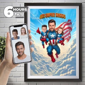 Ritratto personalizzato dei cartoni animati di Capitan America, ritratto dei cartoni animati di supereroi di papà e figlio, regalo per la famiglia, foto di supereroi per bambini, regalo per la festa del papà