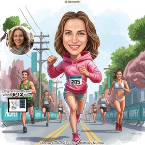 May include: Digital illustration of a marathon race with several runners. The central figure is a woman in a pink hoodie with the number 205 on her chest. The image includes the text "Digital Hand Drawn Within 6-12 Hours."