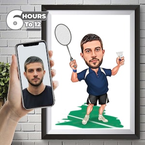 Personalized badminton  Player Cartoon Portrait,badminton Caricature,Gift for badminton Player,badminton Cartoon, Custom Cartoon,Funny Gift,