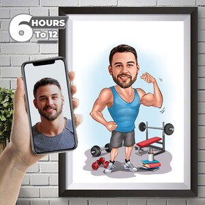 Aangepaste sportschool fitness cartoonportret, sportschool karikatuur tekening van foto, grappige karikatuur, karikatuur gewichtheffer, cadeau voor gewichtheffer.