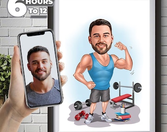 Custom Gym Fitness Cartoon Portrait, Gym Caricature Drawing from Photo, Funny Caricature, Weight Lifter Caricature, Gift for Weightlifter.