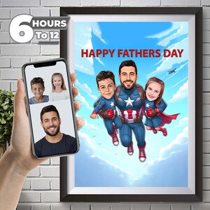 Captain America Vater, Sohn und Tochter Superheld Cartoon Porträt, Benutzerdefinierte Superheld Karikatur Porträt, Geschenk für Papa, Superheld Kinder Foto.