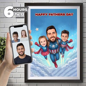 Ritratto personalizzato di Capitan America, papà e figlia, supereroe dei cartoni animati, ritratto di caricatura di supereroe personalizzato, regalo per papà, super papà, festa del papà