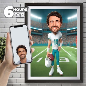 May include: A caricature of a football player wearing a white jersey with a teal and orange design and the number 14. The player is holding a football and a helmet. The background is a football stadium.