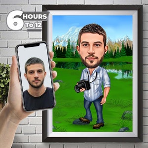 Personalized Traveler Caricature Drawing, Cartoon from Photo, Custom Hiking Portrait Drawing, Digital Art, Bobblehead, Gift for Him.