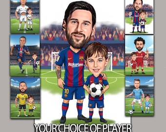 Joueur de football Messi personnalisé avec enfant Caricaturiste de votre choix, entraîneur masculin, entraîneur, photo à dessiner, invitation cadeau d'anniversaire de football
