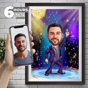 Custom Man Dancing Caricature: Personalized Dancing Portrait Illustration, Bespoke Dancing Art, Unique Gift for Her, Vibrant Custom Cartoon