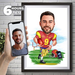 Custom American Football Rugby Caricature - Personalized Sports Enthusiast Portrait Gift for Him. Athletic Dynamism, Sports Passion, Art.