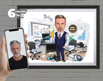 May include: A caricature of a man in a blue suit and tie holding a beer. He is standing in a messy office with a whiteboard, a computer, and a map on the wall. The text "War Room" is on a sign above him.
