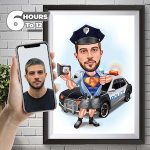 Retrato personalizado de dibujos animados de la policía, dibujo de caricatura de la policía personalizada a partir de una foto, caricatura de la policía divertida, regalo para la policía, regalo para él.