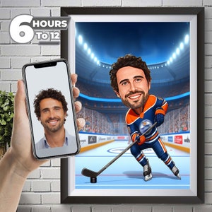 Edmonton Oilers Cartoon Portrait Benutzerdefinierte lustige Eishockey Spieler Karikatur Zeichnung vom Foto Bilder Geschenk für Eishockeyspieler.