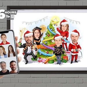 Regalo di caricatura di Babbo Natale da foto, cartone animato di famiglia personalizzato, biglietto di auguri di famiglia, regalo di Natale unico, idea regalo di Natale