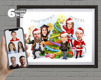 Christmas Santa Caricature Gift from Photos, Custom Family Cartoon, Family Greeting Card, Unique Xmas Gift, Xmas Gifts idea