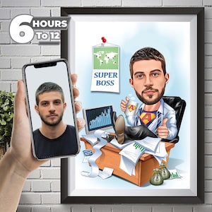 Personalized cartoon portrait, Boss gift idea, Digital download art, Custom boss drawing, Unique office décor, Fun leader caricature.