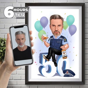 Ritratto di cartone animato del 50° compleanno del poliziotto, caricatura da foto, regalo per l'80° compleanno, 70° compleanno, regalo per il 60° compleanno, regalo per il 40° compleanno