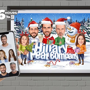 Tarjeta de caricatura navideña personalizada de la empresa a partir de fotos, tarjetas navideñas corporativas, tarjeta navideña, empresa de oficina comercial