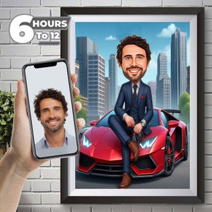 Custom Business Man with Luxury Car Caricature  Personalized Executive Portrait Gift for Him. Success Celebration, Luxury Lifestyle Art.