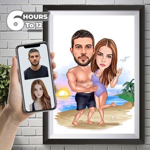 Custom beach couple Caricature, Couple Portrait, Gift for Couple, Couple Caricature, Wedding Portrait Custom Caricature Couple Cartoon