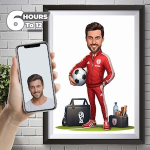 Regali per allenatore di calcio, ritratto di cartone animato di allenatore di calcio, caricatura di calcio personalizzata, caricatura di allenatore di calcio da foto, regalo di ritratto di calcio