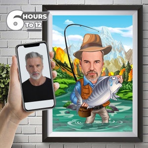 Ritratto personalizzato del fumetto del pescatore, disegno personalizzato della caricatura del pescatore dalla foto, caricatura divertente del pescatore, regalo per il pescatore.