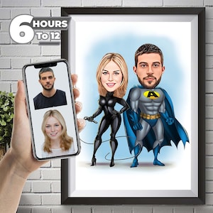 Retrato personalizado de dibujos animados de superhéroes de pareja, dibujo de caricatura de superhéroe personalizado de la foto, caricatura de superhéroe divertida, regalo para él