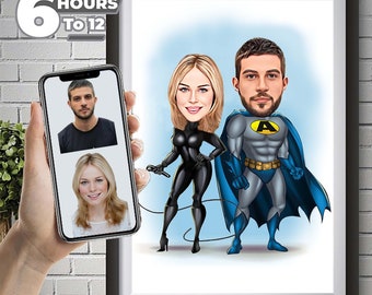 Retrato caricaturesco personalizado de pareja de superhéroes, dibujo a medida (descarga digital)