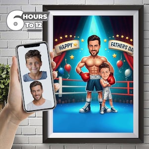 Retrato de dibujos animados de papá e hijo de boxeo, retrato divertido de papá de boxeo, regalo de papá, caricatura de papá, caricatura de boxeo de foto, regalo del día del padre.