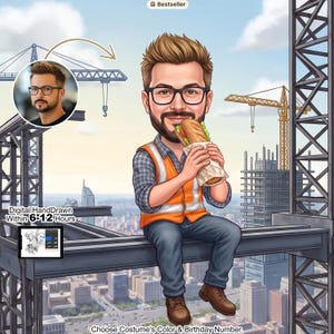May include: A digital caricature of a person wearing glasses, a plaid shirt, and an orange safety vest, eating a sandwich. The image is set against a cityscape backdrop with construction cranes and the text "Digital Hand Drawn Within 6-12 Hours."