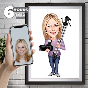 Photographer Cartoon Portrait Drawing from Photo, Photographer Gift for Women, Photographer Caricature, Funny Photographer Gift Idea.