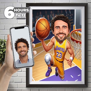 Karykatura koszykarza Los Angeles Lakers, rysunek zabawnego koszykarza ze zdjęcia, prezent na święta koszykówki.