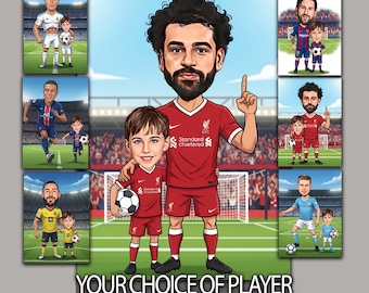 Joueur de football Salah personnalisé avec enfant Caricaturiste de votre choix, entraîneur masculin, entraîneur, photo à dessiner, cadeau d'anniversaire de football prêt à l'emploi